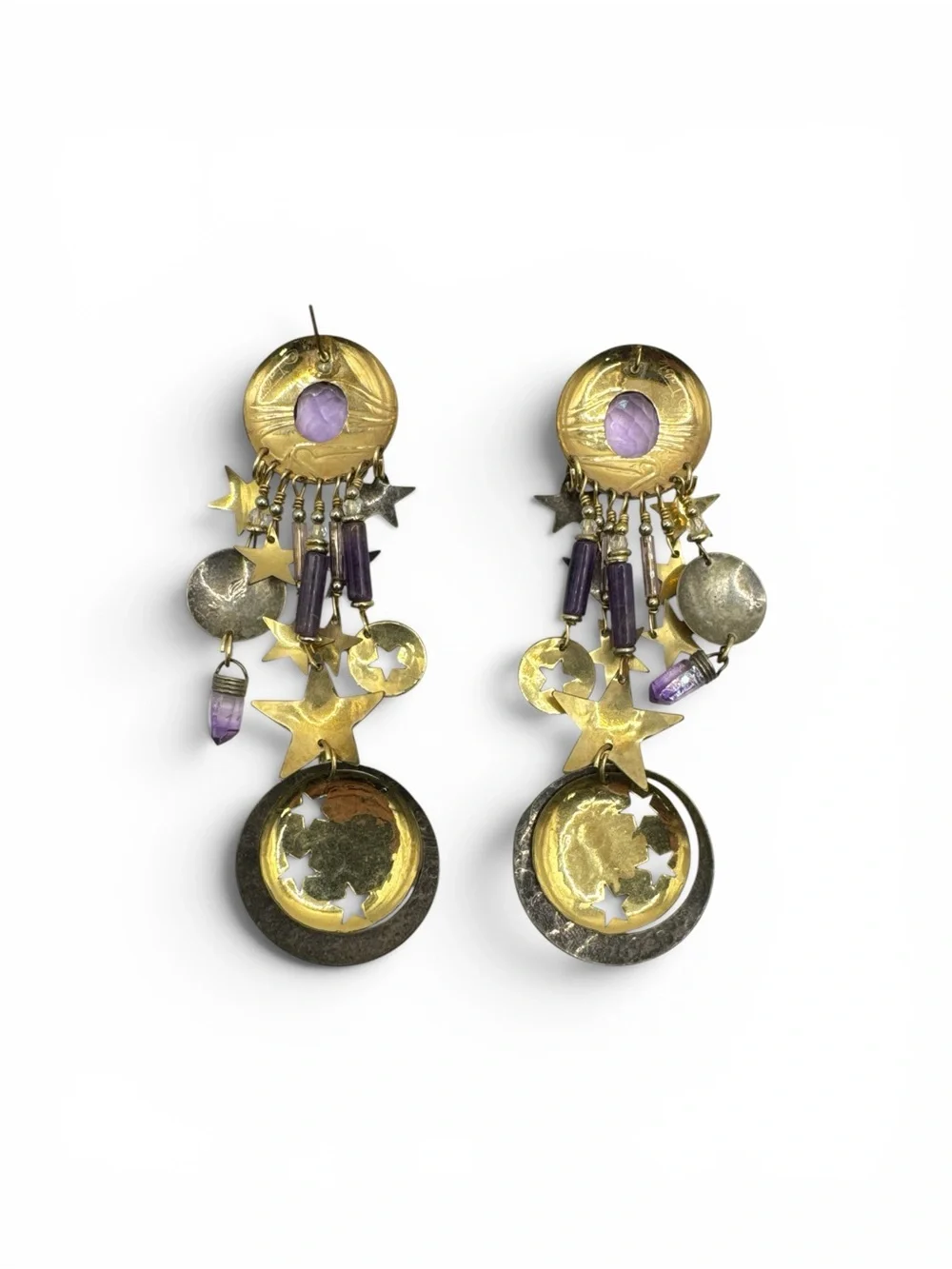 Vintage Sterling Silver 14K GF Tabra Purple Tourmaline Amethyst Earrings 4”